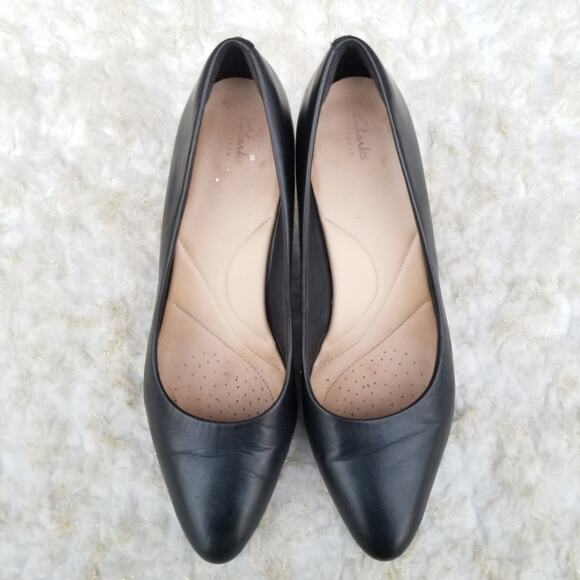 Black Leather Work Pumps Clarks Artisan Calla Rose Size 9 Comfort Cushion Heels - Picture 12 of 14